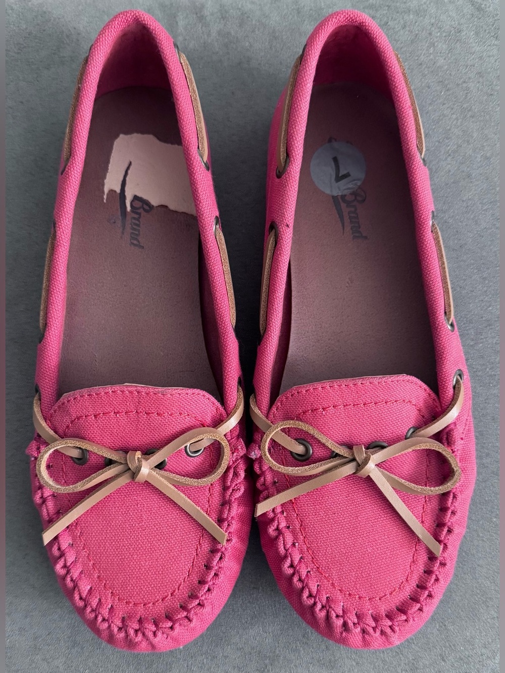 Lucky Brand Bright Orange Canvas Moccasin Loafers with Tan Bow Accent